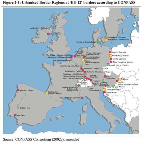Les régions frontalières urbanisées aux frontières de l'UE à 12 selon CONPASS