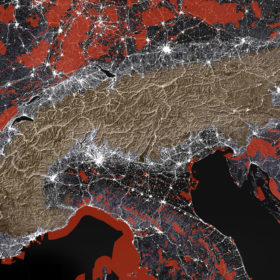 Alpenbogen 2100: Urbanisierung (weiss), Schutzzonen (rot), Common Ground (gelb).