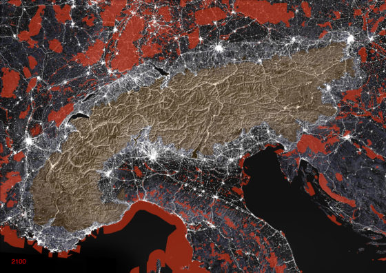 Alpenbogen 2100: Urbanisierung (weiss), Schutzzonen (rot), Common Ground (gelb).