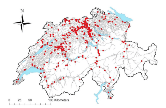 Mean speed prediction with endogenous volume and spatial autocorrelation. A Swiss case study. Case study network and count locations (based on: ARE, 2010)