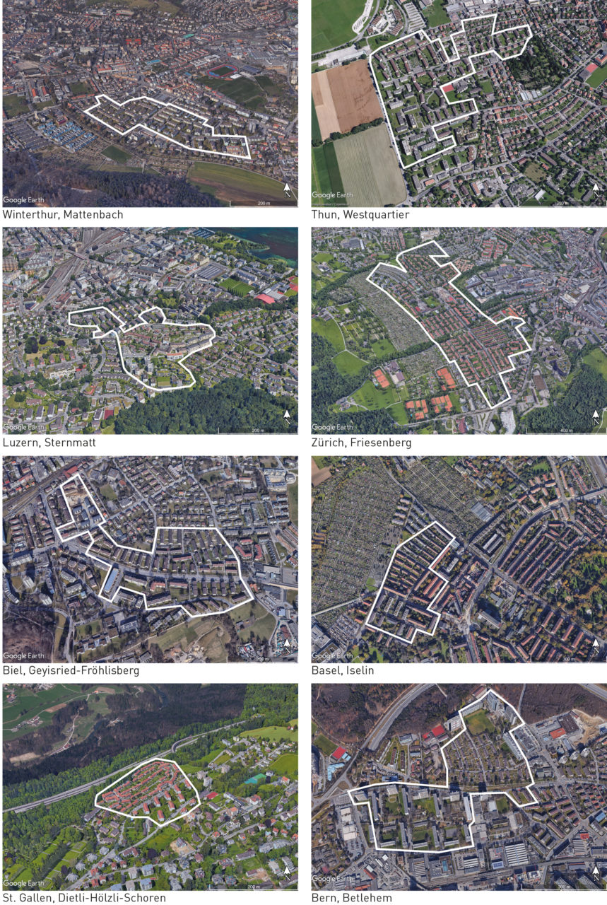 Ausgewählte zusammenhängende Gebiete mit ausschliesslich oder mehrheitlich gemeinnützigem Wohnungsbau (weiss umrandet) in verschiedenen Schweizer Städten. Quelle: Roman Streit, Basiskarten: Google Maps (2018).