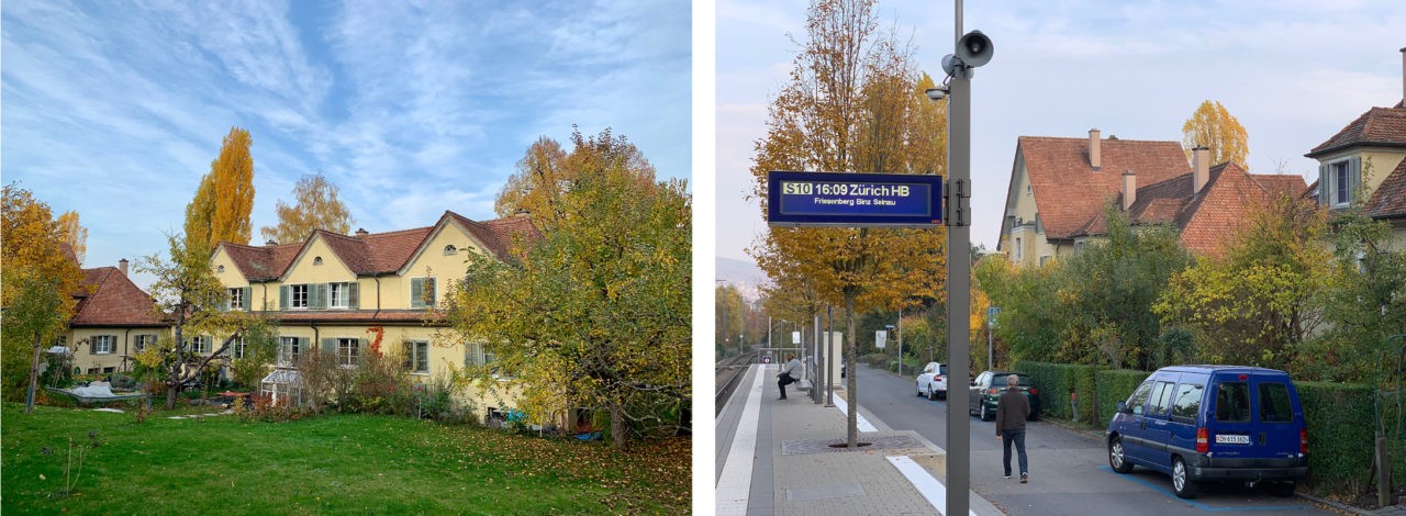 Gründersiedlung der Familienheimgenossenschaft im Friesenberg-Quartier, Zürich. Bei deren geplanten Weiterentwicklung zeigt sich exemplarisch die Herausforderung einer Abwägung denkmalpflegerischer und raumplanerischer Interessen. Blick in die Siedlung mit grosszügigen Gärten (links) und Lage direkt angrenzend an den S-Bahnhof Schweighof. © Roman Streit.