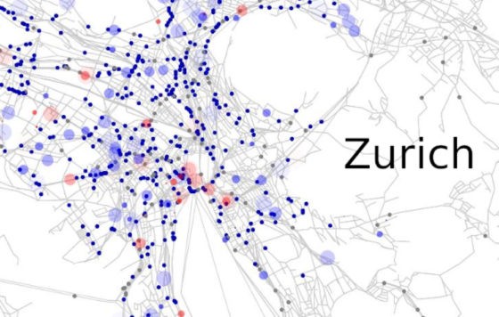 Visualisation of eqasim generated MATsim agents in action in the centre of Paris/Zurich. © Sebastian Hörl (Matsim 2019)