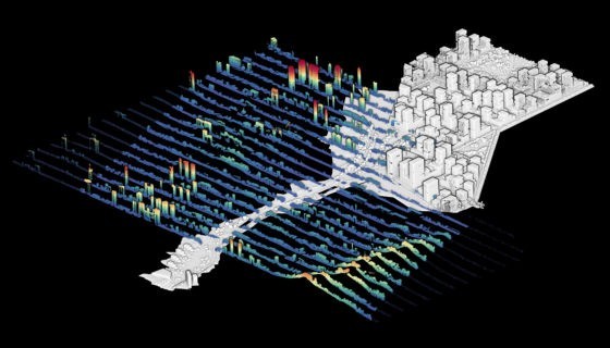 The Rail Corridor in Singapore was scanned to produce a point cloud model of the site, shown here in sections colored by height. The model is disassembled in entities and is transformed to include landscape designs, shown in white, with exact geo-location and with site-specific characteristics. © Philipp RW Urech, FCL, ETH Zurich