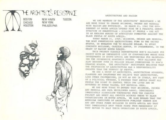 TAR, «Architecture and Racism» handbill, 1969. © TAR