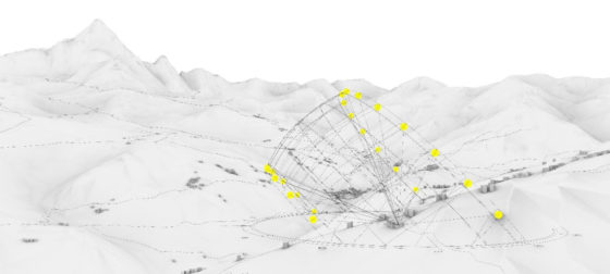 Building solids in surrounding mesh with sunpath for July and January © ETH Systemic Design Lab 2019 students