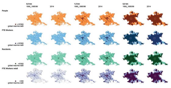 Greater Zurich’s distribution of land use in 1990 and 2014 for residents and in 1995/96 and 2014 for full-time equivalent (FTE) workers and FTE retail workers. Localisation of hectares reaching the thresholds (shaded) and localisation of global maxima (dotted circles) for 0.5, 1.5, and 5.0 km radii catchment areas. © Sibylle Wälty, ETH Zurich