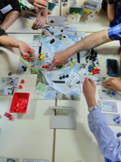 Snapshot during a game session. Interactions are many as players negotiate their individual and collective for their territory from 2020 to 2040. The final situation in 2040 is compared to their desired vision for 2040. (Picture: Nicolas Salliou, ETH Zurich)