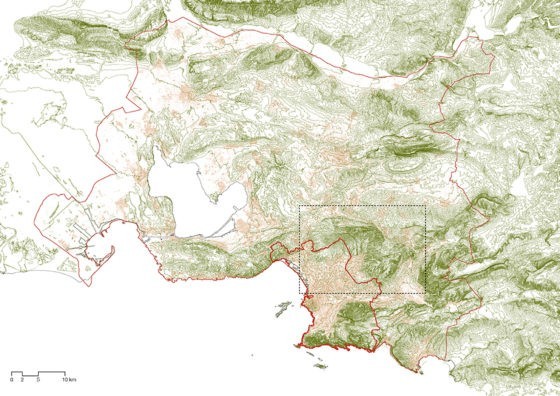 City of Marseille (thick red line), Métropole Aix-Marseille-Provence (thin red line) and investigation perimeter (black dotted line) © Amalia Bonsack, chair Günther Vogt, ETH Zurich