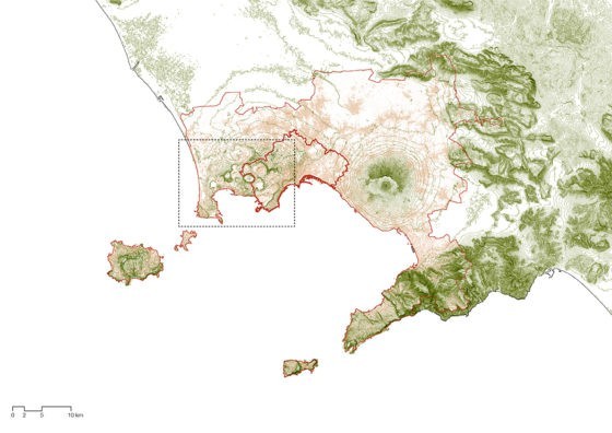 City of Naples (thick red line), Citta Metropolitana di Napoli (thin red line) and investigation perimeter (black dotted line) © Amalia Bonsack, chair Günther Vogt, ETH Zurich