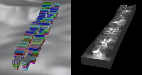 The 3D model of the case-study street (future four-storey scenario) including color-coded construction years and its outdoor lighting in 2019. Source: 3D model: Walczak, 2019; lighting reconstruction: Kretzer, 2019-2020