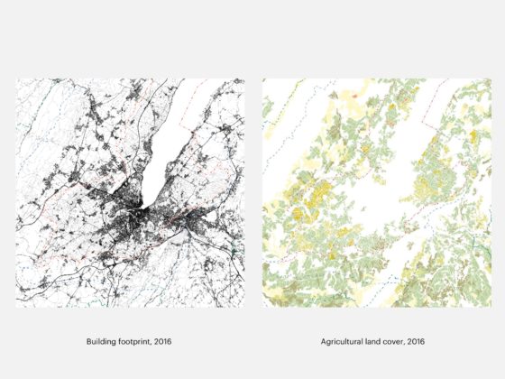 The fragmentation of landscapes and ecosystems is a result of ongoing urban expansion into agricultural land. Land cover in Geneva region in 2016. © ETH Zürich Architecture of Territory, studio Geneva Unbuilt – Gardening City and Land, 2019.