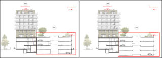 Figure 1 – Case study parking garage cross section with a traditionally designed garage (red box in the left image) and a flexibly designed garage (red box in the right image) © Chair for Infrastructure Management, ETH Zurich.