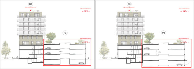 Figure 1 – Case study parking garage cross section with a traditionally designed garage (red box in the left image) and a flexibly designed garage (red box in the right image) © Chair for Infrastructure Management, ETH Zurich.