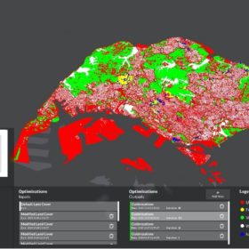 An example result of the optimization framework embedded in a decision support system. In the output map, the blue pixels represent the proposed new residential areas in Singapore that minimize loss of UES and maximize compactness. On the left hand side of the user interface, the iterations and the final trade-off curve are displayed. © Sergio Wicki