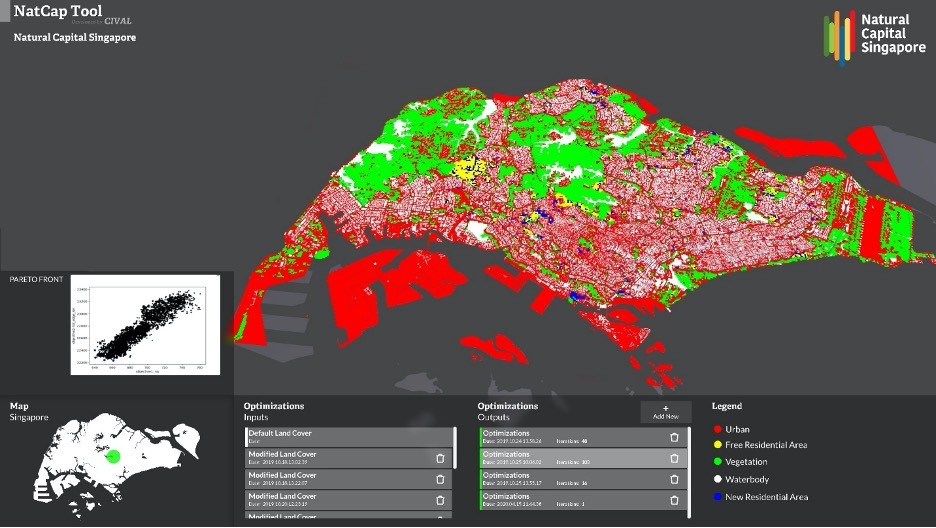 An example result of the optimization framework embedded in a decision support system. In the output map, the blue pixels represent the proposed new residential areas in Singapore that minimize loss of UES and maximize compactness. On the left hand side of the user interface, the iterations and the final trade-off curve are displayed. © Sergio Wicki