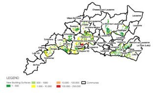 The figure shows all 7.945 identified building parcels and their respective additional size of development in m2 in the whole agglomeration of Lausanne's residential and mixed-use zones. © Michael Walczak, ETH Zurich