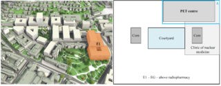 Location of building E1 within the hospital (left), and location of the PET centre in the ground floor plan of the building E1 (right). The blue box around the PET centre, labelled with the letter «A», marks the area of interest for the analysis. Left image courtesy of the University Hospital of Zurich.