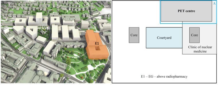 Location of building E1 within the hospital (left), and location of the PET centre in the ground floor plan of the building E1 (right). The blue box around the PET centre, labelled with the letter «A», marks the area of interest for the analysis. Left image courtesy of the University Hospital of Zurich.