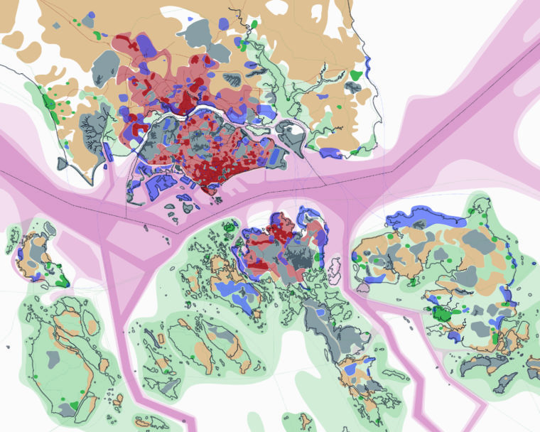 Portrait of urban Switzerland, showing metropolitan regions (red), networks of cities (orange), quiet zones (green), alpine resorts (blue) and alpine fallow lands (brown). Source: ETH Studio Basel, 2006.