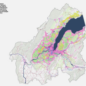Territories of urban potentials for the Geneva region in 2050. The plan outlines the future land use strategy for a polycentric, equitable and ecological region. The project methodology serves as a precedent for the FCL Global research. Source: Team Grand Genève et son sol, M. Topalović, F. Hertweck, K. Kostka, N. Katsikis, 2020.