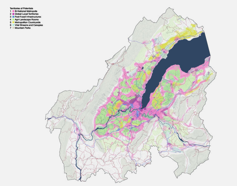 Territories of urban potentials for the Geneva region in 2050. The plan outlines the future land use strategy for a polycentric, equitable and ecological region. The project methodology serves as a precedent for the FCL Global research. Source: Team Grand Genève et son sol, M. Topalović, F. Hertweck, K. Kostka, N. Katsikis, 2020.