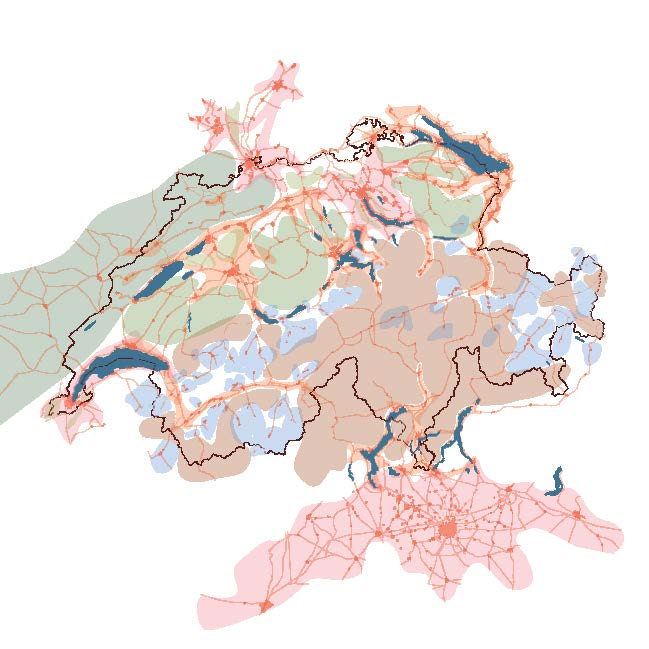 Portrait of urban Switzerland, showing metropolitan regions (red), networks of cities (orange), quiet zones (green), alpine resorts (blue) and alpine fallow lands (brown). Source: ETH Studio Basel, 2006.