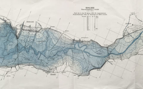 Plan der Wasserstände des Stausees, ca. 1924-1937. Unbekannter Autor. Urheberecht: Klosterarchiv Einsiedeln, KAE Plan 3.0225.0015.