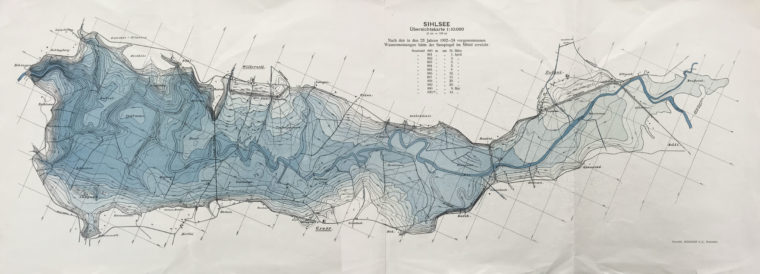 Mappa dei livelli dell’acqua del lago artificiale, 1924-1937 circa. Autore sconosciuto. Copyright: Klosterarchiv Einsiedeln. KAE Plan 3.0225.0015.