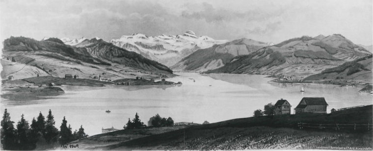 Speculative painting of Lake Sihl from 1900, 37 years before the actual impoundment of the reservoir. Author: R. Wydler, Einsiedeln. Copyright: Archiv Kulturverein Chärnehus Einsiedeln.