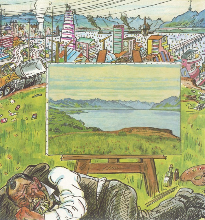 «Landschaft am Genfersee, frei nach Ferdinand Hodler». Karikatur Hans U. Steger für den Nebelspalter, 27.4.1982 © AfZ