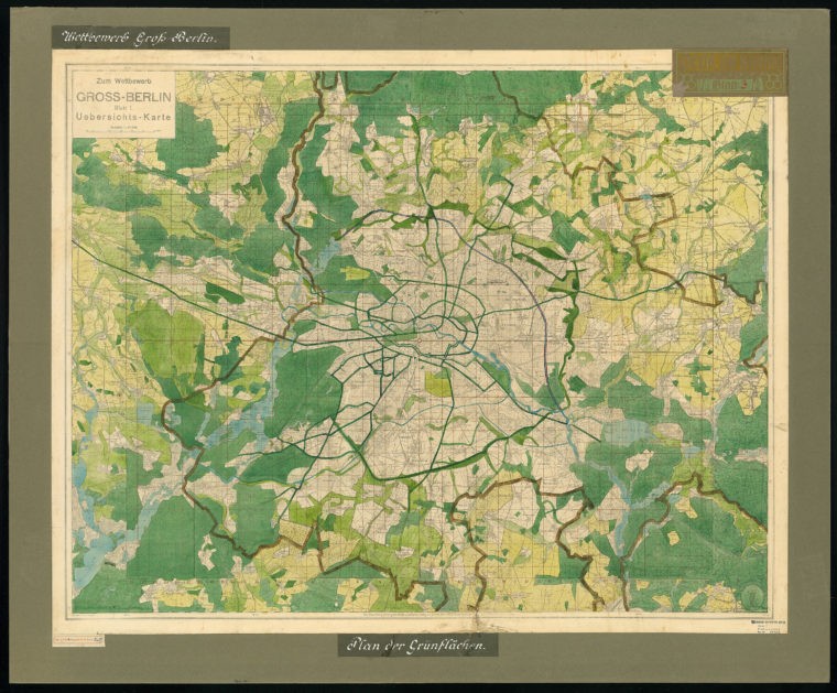 Brix & Genzmer: Grünflächenplan im Maßstab 1:60'000 für den Wettbewerb Groß-Berlin 1910 (einer der beiden 1. Preise); Original: Druck koloriert auf Papier (102,4 x 123,8 cm); Quelle: Architekturmuseum der TU Berlin (Abk. AMTUB), Nr. 20122