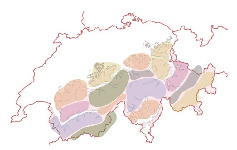 Fiktive Kartenskizze zu einer übergeordneten Planung im schweizerischen Alpenraum. Karte: Quelle geo.admin.ch © Professur Günther Vogt, ETH Zürich