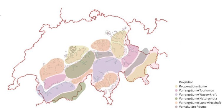 Fiktive Kartenskizze zu einer übergeordneten Planung im schweizerischen Alpenraum. Karte: Quelle geo.admin.ch © Professur Günther Vogt, ETH Zürich
