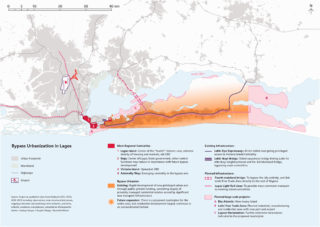 Bypass urbanization in Lagos in relation to the metropolitan scale (map design by Dorothée Billard, based on Sawyer, 2016).