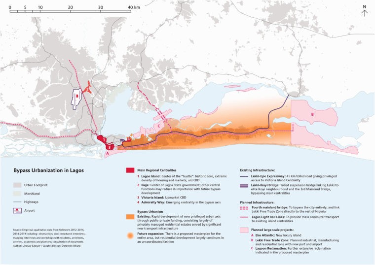 Bypass urbanization in Lagos in relation to the metropolitan scale (map design by Dorothée Billard, based on Sawyer, 2016).