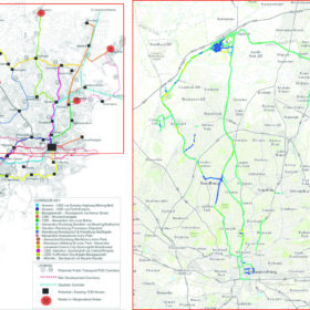 Comparison of the City of Johannesburg’s «Corridors of Freedom» (COF) proposed bus-rapid-transit TOD route connecting Diepsloot to the global financial district of Sandton (left), and the paths people currently take primarily with the minibus taxi system (right). The latter is a map of a volunteered geographic information smartphone study participant, showing multiple modes of transport; dark blue is for walking, green for taxi transport, and yellow for «tilting» when the person was looking at their phone). The COF is a municipality-level plan, and Diepsloot is not a part of TOD plans for the City of Tshwane (Pretoria). © Lindsay Blair Howe, ETH Zurich