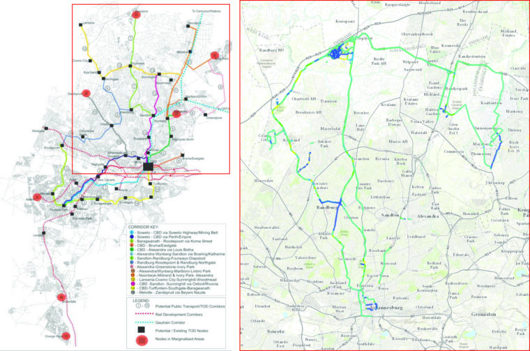 Comparison of the City of Johannesburg’s «Corridors of Freedom» (COF) proposed bus-rapid-transit TOD route connecting Diepsloot to the global financial district of Sandton (left), and the paths people currently take primarily with the minibus taxi system (right). The latter is a map of a volunteered geographic information smartphone study participant, showing multiple modes of transport; dark blue is for walking, green for taxi transport, and yellow for «tilting» when the person was looking at their phone). The COF is a municipality-level plan, and Diepsloot is not a part of TOD plans for the City of Tshwane (Pretoria). © Lindsay Blair Howe, ETH Zurich