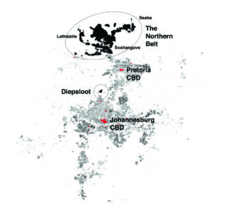 Map of the Gauteng City-Region with centralities in red, showing primary place names discussed in the article © Lindsay Blair Howe, ETH Zurich