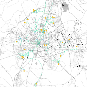 One week mapping the movements of all thirty participants in the first VGI smartphone study in the greater Johannesburg area from 8 July – 14 July 2015. Modes of transportation are indicated by polyline colors; primarily visible are green for vehicular transportation and blue for walking. The home locations of the participants are indicated with orange dots. © Lindsay Blair Howe, ETH Zurich