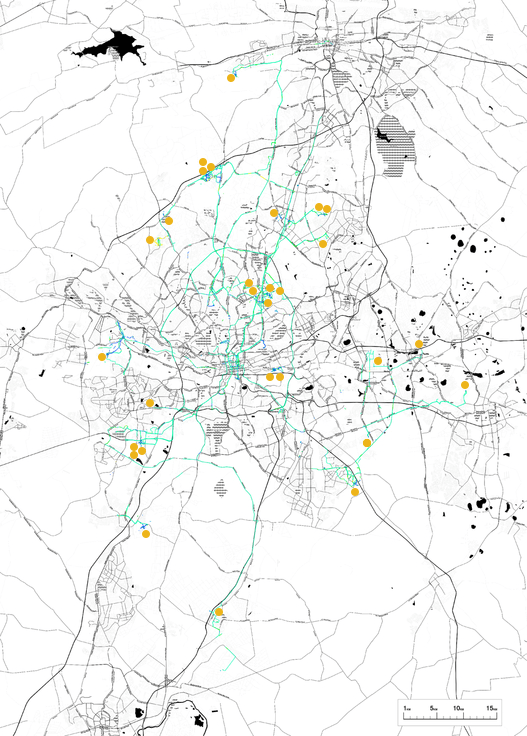 One week mapping the movements of all thirty participants in the first VGI smartphone study in the greater Johannesburg area from 8 July – 14 July 2015. Modes of transportation are indicated by polyline colors; primarily visible are green for vehicular transportation and blue for walking. The home locations of the participants are indicated with orange dots. © Lindsay Blair Howe, ETH Zurich