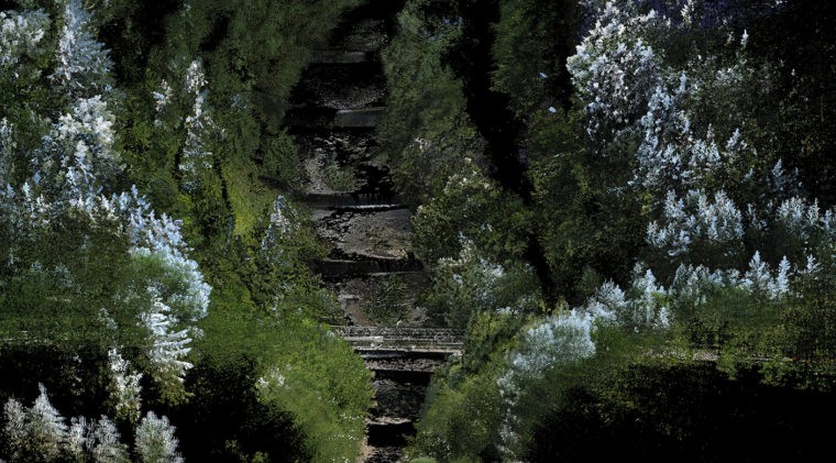 Topographic survey on the Gürbe river, Switzerland. The resulting point cloud portrays a paradox between pictorial beauty and the tremendous efforts undertaken to establish this riverscape. © Ilmar Hurkxkens, ETH Zürich