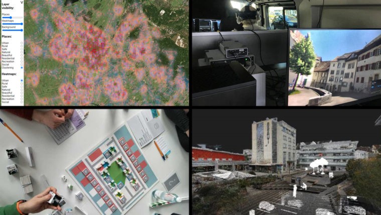 Figure 1 - Tools and methods used for understanding place and place-making. Clockwise from top-left: online surveys, field experiments measuring emotional reactions using electrodermal activity, serious gaming for multi-stakeholder engagement, hybrid point-cloud environments. © PLUS, ETH Zürich