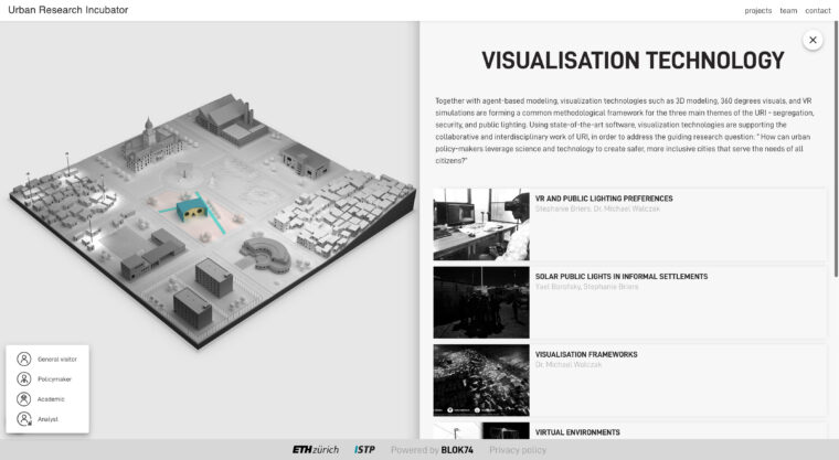 Interactive URI 3D multi-user policy web platform, in this case, highlighting the «Visualisation Technology» methodology, © URI group, ETH Zürich