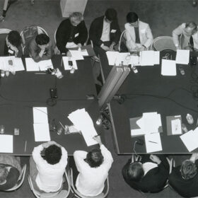 Photo: View of session during the 1994 Anyplace conference in Montréal Photo credit: Michel Boulet @ Anyone Corporation Fund, Canadian Centre for Architecture, Montréal