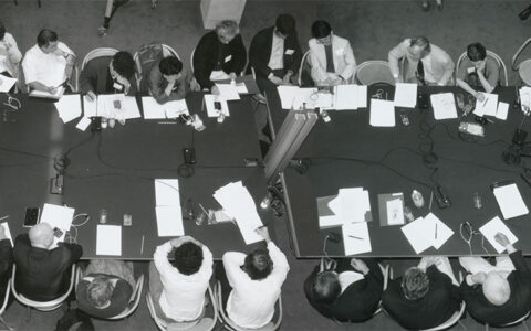 Photo: View of session during the 1994 Anyplace conference in Montréal Photo credit: Michel Boulet @ Anyone Corporation Fund, Canadian Centre for Architecture, Montréal