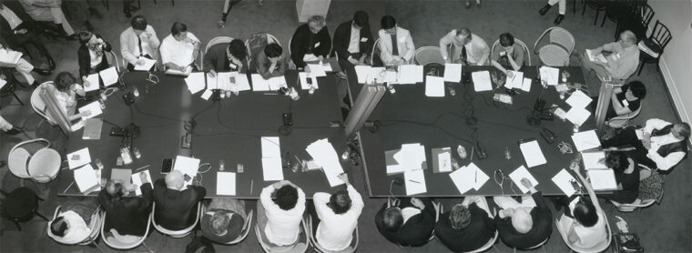 Photo: View of session during the 1994 Anyplace conference in Montréal Photo credit: Michel Boulet @ Anyone Corporation Fund, Canadian Centre for Architecture, Montréal