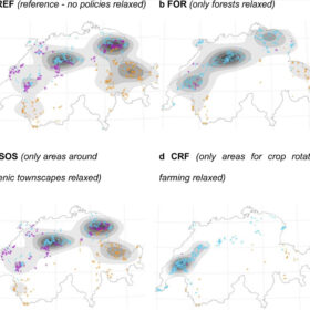 Most robust Pareto optimal wind turbine locations in PLATEAU (blue), ALP (orange) and PREALP-JURA (magenta) landscape types for different policy scenarios.