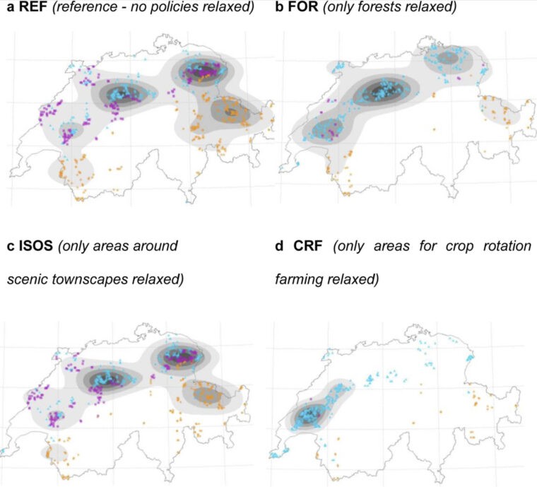 Most robust Pareto optimal wind turbine locations in PLATEAU (blue), ALP (orange) and PREALP-JURA (magenta) landscape types for different policy scenarios.