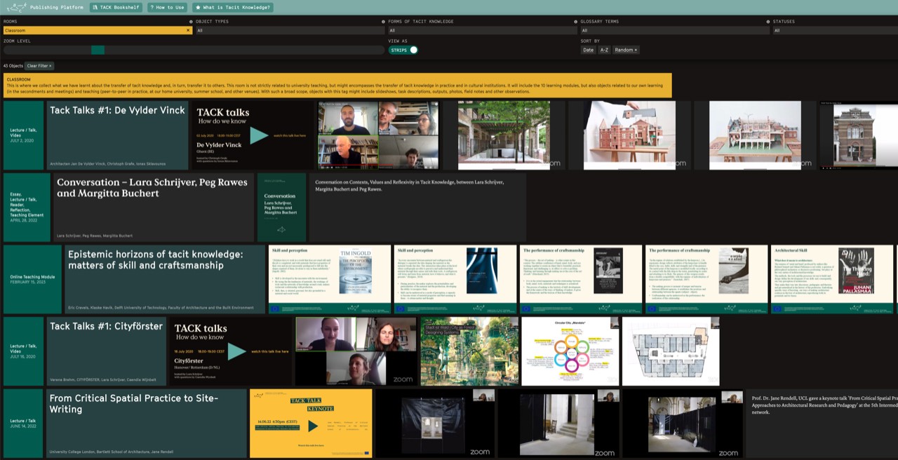 Screenshot of the newly launched TACK Archive, a website compiling outputs from the research project «Communities of Tacit Knowledge- Architecture and its Ways of Knowing.»